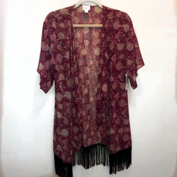 Lularoe Monroe S Maroon With Beige Flowers Black Fringe NWT - Picture 7 of 10